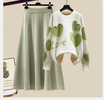 1 szt./lot, damska z dzianiny ładny sweterek w kształcie serca w koreańskim stylu, ozdobione koralikami, top i nieregularna spódnica w paski