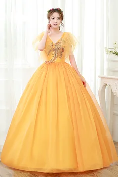 100% prawdziwe luksusowe pomarańczowa sukienka z kwiatowym wzorem i rękawem-motyl, suknia księżniczki, średniowieczna suknia/wiktoriański strój belle ball