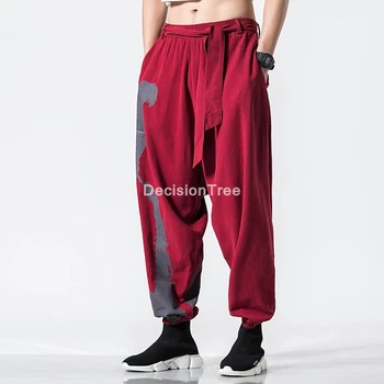 2023 chiński styl bawełniane, lniane spodnie do biegania męskie sportowe spodnie, casual kung-fu tai wushu spodnie męskie spodnie uliczne