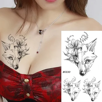 Czarny Szkic Lisa Kwiat Wysyłanie Wody Niestandardowe Naklejki Tatuaż Kobiety Dziewczyny Sexy Tatuaż Na Piersi Tymczasowe Ptaki Samoprzylepna Tatuaż
