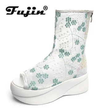 fujin/2022, damskie letnie buty, koronkowe buty, klapki otwarte boe, buty damskie na platformie 6 cm, kochanie buty damskie na zamek, białe buty