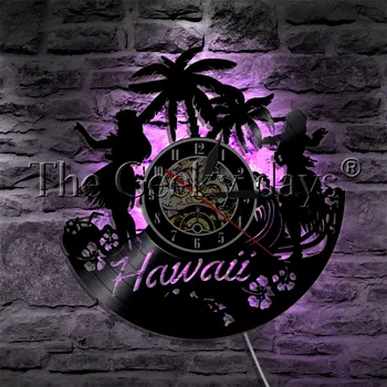  Hawaiian Luau Wieczorne Wisząca Led Płyta Winylowa Zegar Ścienny Hawajski Tropikalnej Plaży Palma Surfing Led