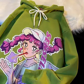 ins Nowa Hip-hop Ulica Odzież Anime Bluza Retro Zielony Kreskówka Japońska Modne Swetry 2021 Jesień Nowe Punk Gothic Bluzy z Kapturem