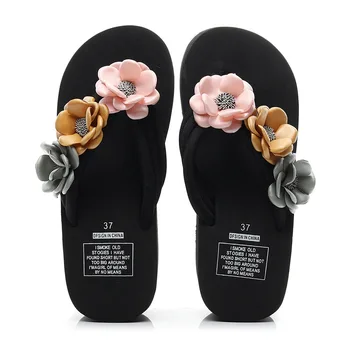 Japonki; Nowe koreańskie antypoślizgowe pantofle na wysokim obcasie z kwiatowym wzorem; Damska odzież; obuwie plażowe