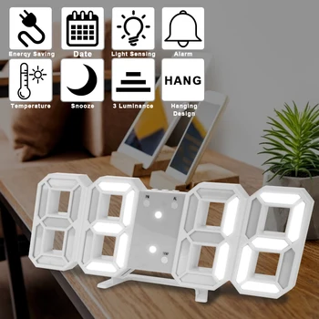 LED Cyfrowy Zegar Ścienny Wiszący Zegar Powtarzanie Zegar na biurko Kalendarz Termometr Sterowanie głosem Elektroniczny Budzik Wystrój Domu