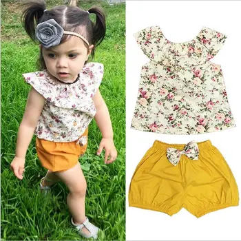 Letni zestaw ubrań dla dziewczynek, kamizelka bez rękawów z kwiatowym wzorem + śliczne żółte szorty, kostiumy z 2 przedmiotów, Odzież dla niemowląt dziewczynek