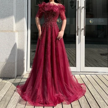 Luksusowe Ciemno-Czerwone Suknie Wieczorowe z Dubaju z Piórami dla Kobiet, poprawiny 2022, Elegancki Arabskie Długa Sukienka na Studniówkę