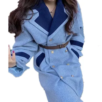 Nowa moda w stylu angielskim niebieska wełniany płaszcz dwurzędowy wolnego płaszcz odzież wierzchnia
