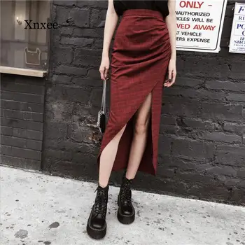Nowa Modna Letnia Spódnica W Stylu punk, Gothic, Harajuku, Wzór Czerwona w Kratę Spódnica, Modny Temat Wysokiej jakości Damskie Asymetryczne Długie Spódnice, Odzież