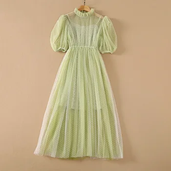 Odzież damska w Europie i USA, Nową sukienkę 2021 roku z krótkim rękawem-latarką, zielone netto plis w kropki