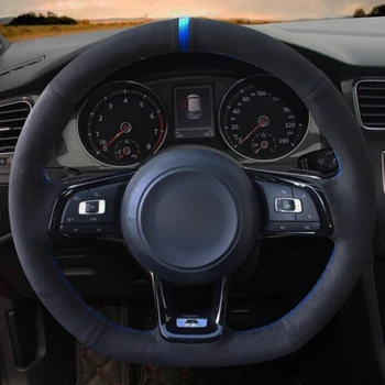 Pokrywa koła Kierownicy Samochodu Czarna Ze Skóry Naturalnej i Zamszu Dla Volkswagen Golf 7 GTI Golf R MK7 VW Polo GTI, Scirocco 2015 2016