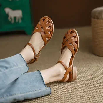 Rzymskie Sandały, damskie klapki letnie Baotou na grubym obcasie, damskie Puste plecione sandały na średnim obcasie w stylu retro