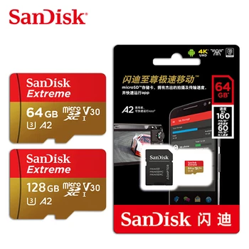 Sandisk Oryginalna Karta pamięci Extreme Micro SD Mapa A2 A1 V30 U3 karta 64 GB, 32 GB Karty TF 128 GB Microsd