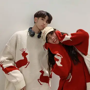 Schludne swetry dla pary, jesienno-zimowa odzież, Koreański uniwersalny świąteczny sweter z wizerunkiem łosia, męskie i damskie koszulki w stylu high street Grunge