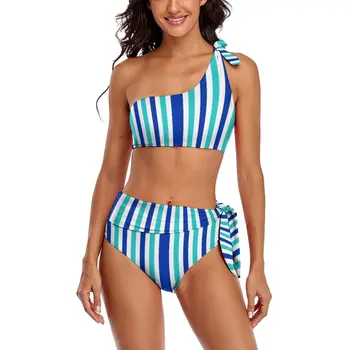 Strój kąpielowy Bikini W Paski Pionowe, Niebiesko-biały strój Kąpielowy Z Wysokim Stanem, Seksowny Komplet Bikini Z Wzorem, Kobiecy Zestaw Bikini Push-up, Bikini