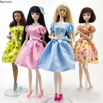 Wiosenna sukienka w grochy z kokardą i słonecznikiem dla lalki Barbie, suknie Wieczorowe, Ubrania dla Barbie, Stroje, Akcesoria 1:6