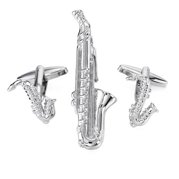 WN Zestaw wysokiej jakości męskiej mody sprzętu muzycznego srebrny saksofon zacisk do krawata, Spinki do mankietów zestaw darmowa wysyłka